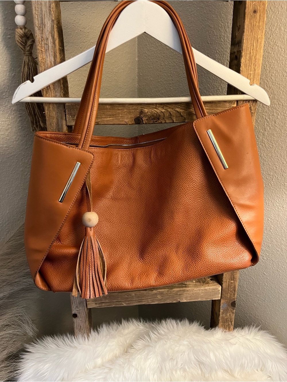 Kattee genuine leather Structured Cognac Tote with Tassel Accent
